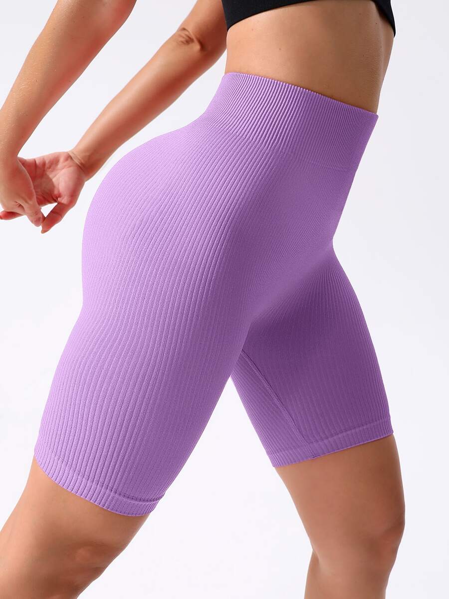 SHEIN Sports Shorts biker deportivos tejido de canalé control de barriga - Lila Púrpura - Ver 1