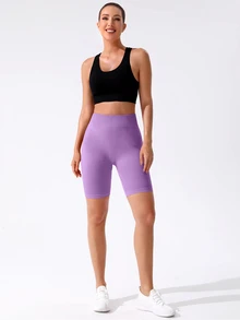SHEIN Sports Shorts biker deportivos tejido de canalé control de barriga - Lila Púrpura - Ver 4