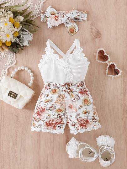 SHEIN Vintaside Kids Baby Girl Floral Print Appliques Crisscross Back Cami Romper Holiday City Break Vacation White Summer Cute Backless Tropical