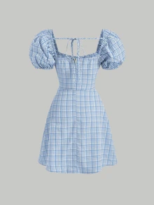SHEIN MOD Đầm Buộc lại Dây kéo Sọc ca rô Giải trí - Xanh và trắng - Xem 2