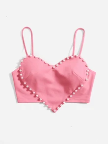 SHEIN ICON Camiseta Ajustada Con Corazón De Perlas Y Tirantes Con Corazón De Mallas - Rosa - Ver 3