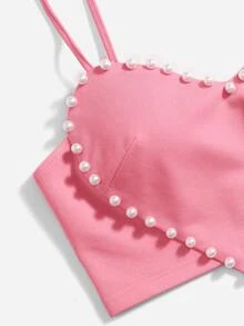 SHEIN ICON Camiseta Ajustada Con Corazón De Perlas Y Tirantes Con Corazón De Mallas - Rosa - Ver 4