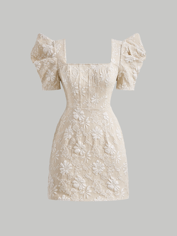 SHEIN MOD Jacquard Square Neck Puff Sleeve Dress,Summer Dresses For Women