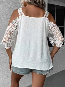 SHEIN Clasi 大碼圓點挖肩提花蕾絲襯衫 - 白色 - 查看 2