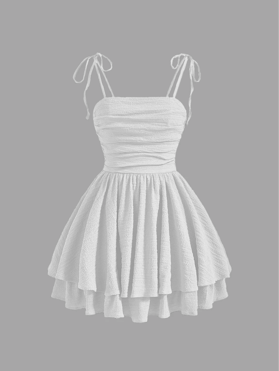 SHEIN MOD Solid Ruched Bust Tie Shoulder Double Hem White Cami Dress,White Graduation Dress - White - View 1