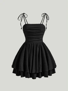 SHEIN MOD Solid Tie Shoulder Ruched Bust Cami Black Summer Dress - Black - View 1