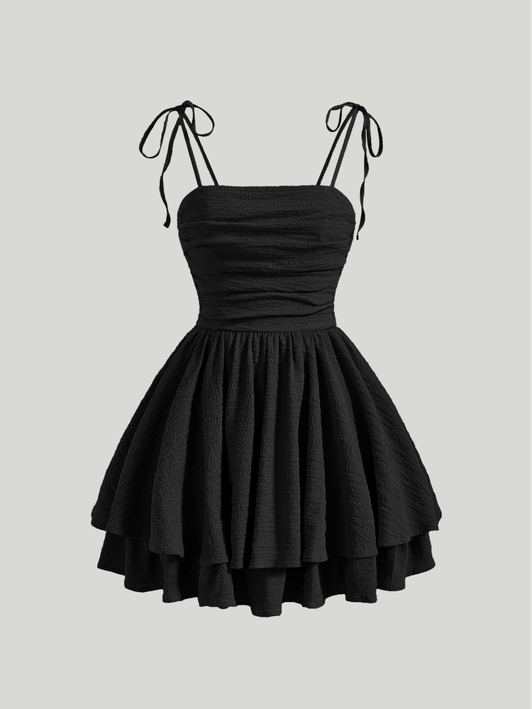 SHEIN MOD Solid Tie Shoulder Ruched Bust Cami Black Summer Dress - Black - View 1