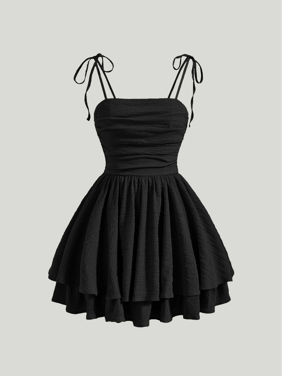 SHEIN MOD Solid Tie Shoulder Ruched Bust Cami Black Summer Dress - Black - View 1