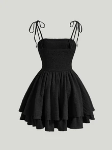 SHEIN MOD Solid Tie Shoulder Ruched Bust Cami Black Summer Dress - Black - View 2
