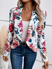 SHEIN LUNE Floral Print Shawl Collar Open Front Blazer In Fall/Winter,Casual - Multicolor - View 1