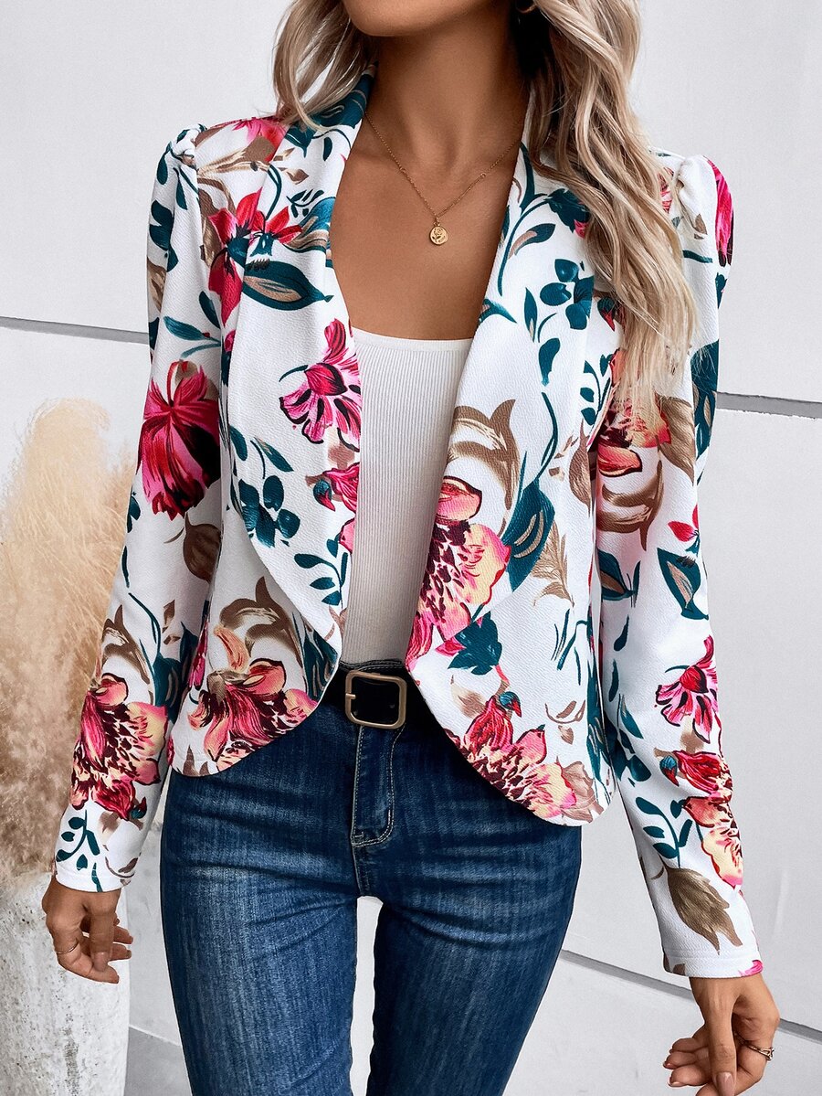 SHEIN LUNE Floral Print Shawl Collar Open Front Blazer In Fall/Winter,Casual - Multicolor - View 1