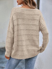 EMERY ROSE Boat Neck Pointelle Knit Drop Shoulder Knit Pullover Fall Winter Sweater - Apricot - View 2