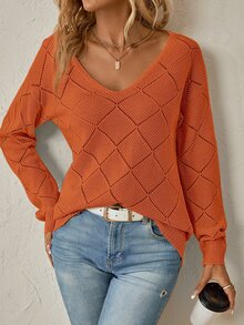 EMERY ROSE Solid Pointelle Knit Sweater In Fall/Winter - Rust Brown - View 4