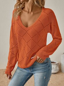 EMERY ROSE Solid Pointelle Knit Sweater In Fall/Winter - Rust Brown - View 5