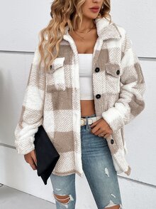 SHEIN LUNE Buffalo Plaid Pattern Drop Shoulder Flap Pocket Teddy Coat In Fall/Winter - Khaki - View 6