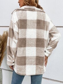 SHEIN LUNE Buffalo Plaid Pattern Drop Shoulder Flap Pocket Teddy Coat In Fall/Winter - Khaki - View 2
