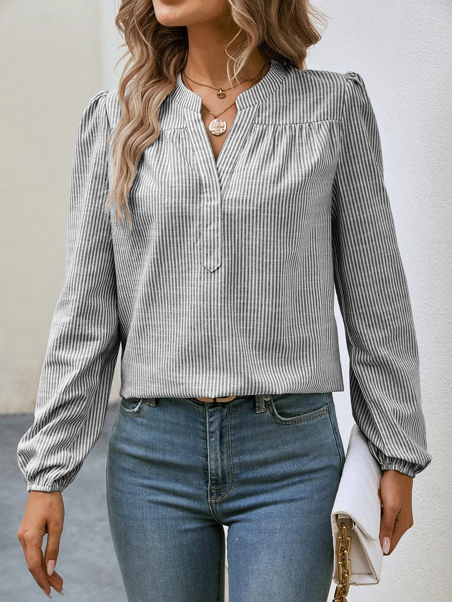 SHEIN Striped Print Half Button Lantern Sleeve Blouse Fall Cloth For Women - Light Grey - View 1