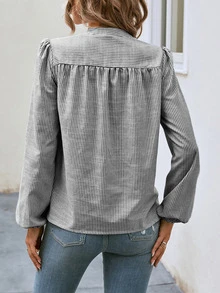SHEIN 條紋印花半排扣燈籠袖襯衫 - 淺灰色 - 查看 2