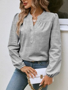SHEIN 條紋印花半排扣燈籠袖襯衫 - 淺灰色 - 查看 3
