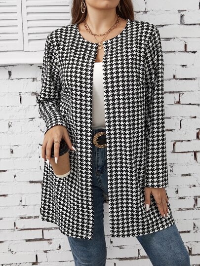 SHEIN LUNE Plus Size Women Houndstooth Print Open Front Casual Commuter Jacket, Spring/Autumn Fall