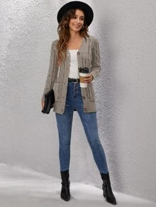 SHEIN LUNE Cable Knit Button Front Cardigan,Long Sleeve Tops In Fall/Winter - Khaki - View 6