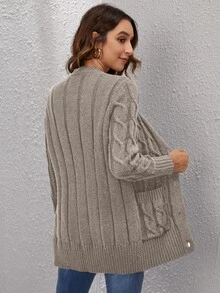 SHEIN LUNE Cable Knit Button Front Cardigan,Long Sleeve Tops In Fall/Winter - Khaki - View 3