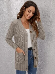 SHEIN LUNE Cable Knit Button Front Cardigan,Long Sleeve Tops In Fall/Winter - Khaki - View 5