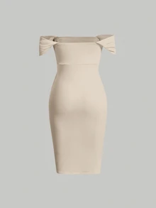 SHEIN MOD Off Shoulder Ruched Mesh Bodycon Dress - Apricot - View 2