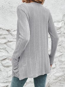 EMERY ROSE 1pc Dual Pocket Open Front Ribbed Knit Coat In Fall/Winter - Grey - View 2