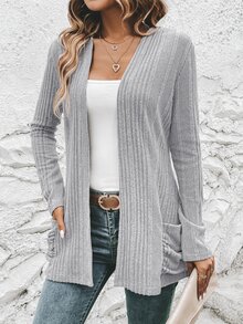EMERY ROSE 1pc Dual Pocket Open Front Ribbed Knit Coat In Fall/Winter - Grey - View 5