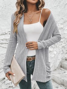 EMERY ROSE 1pc Dual Pocket Open Front Ribbed Knit Coat In Fall/Winter - Grey - View 3