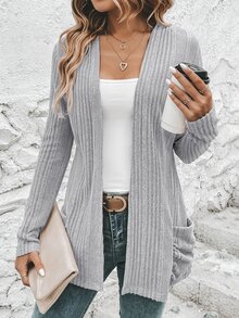EMERY ROSE 1pc Dual Pocket Open Front Ribbed Knit Coat In Fall/Winter - Grey - View 7