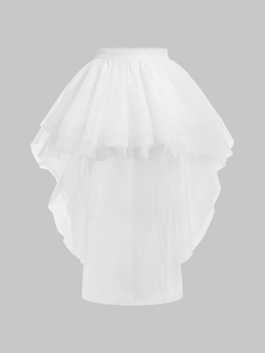 SHEIN MOD High Low Hem Mesh Overlay Skirt - White - View 1