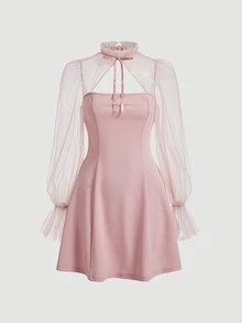 SHEIN MOD Contrast Mesh Flare Sleeve Frill Trim Tie Front Pink Stand-Up Collar With Straps And See-Through Puff SleevesDress - Pink - View 1