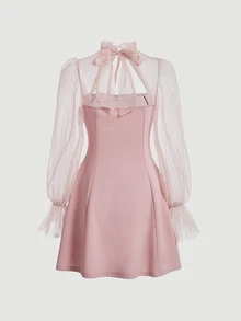SHEIN MOD Contrast Mesh Flare Sleeve Frill Trim Tie Front Pink Stand-Up Collar With Straps And See-Through Puff SleevesDress - Pink - View 2