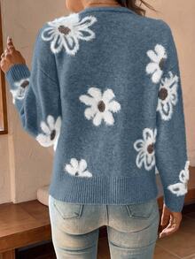 EMERY ROSE Floral Pattern Button Front Cardigan,Long Sleeve Tops Fall Winter Cloth For Women - Blue - View 2