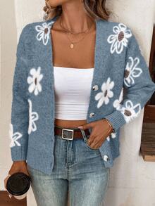 EMERY ROSE Floral Pattern Button Front Cardigan,Long Sleeve Tops Fall Winter Cloth For Women - Blue - View 4