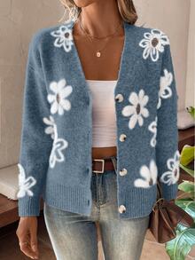 EMERY ROSE Floral Pattern Button Front Cardigan,Long Sleeve Tops Fall Winter Cloth For Women - Blue - View 3