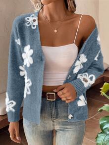 EMERY ROSE Floral Pattern Button Front Cardigan,Long Sleeve Tops Fall Winter Cloth For Women - Blue - View 5
