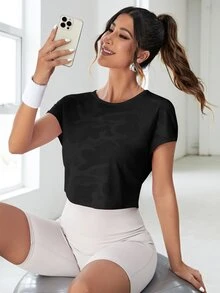 SHEIN Sports Camo Print Wrap Cut Out Back Sports Tee Workout Tank Top Gym Women Shirts - Black - View 2