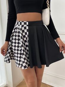 SHEIN 棋盤格喇叭半身裙不附腰帶 - 彩色 - 查看 4