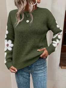 EMERY ROSE Suéter de hombros caídos con estampado floral, parte superior de punto de manga larga para otoño e invierno, Navidad - Verde - Ver 4