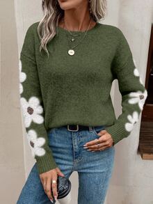 EMERY ROSE Suéter de hombros caídos con estampado floral, parte superior de punto de manga larga para otoño e invierno, Navidad - Verde - Ver 5