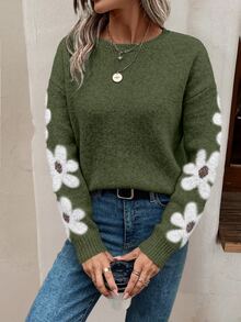 EMERY ROSE Suéter de hombros caídos con estampado floral, parte superior de punto de manga larga para otoño e invierno, Navidad - Verde - Ver 6