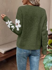 EMERY ROSE Suéter de hombros caídos con estampado floral, parte superior de punto de manga larga para otoño e invierno, Navidad - Verde - Ver 2