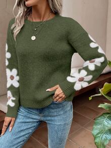 EMERY ROSE Suéter de hombros caídos con estampado floral, parte superior de punto de manga larga para otoño e invierno, Navidad - Verde - Ver 3