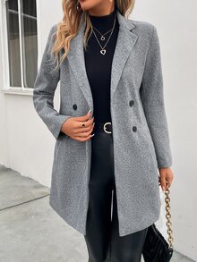 SHEIN Clasi 翻領雙排扣大衣，秋季辦公商務灰色休閒優雅款 - 灰色 - 查看 1