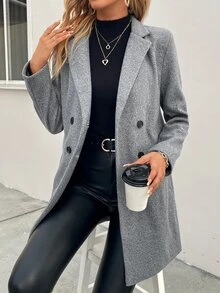 SHEIN Clasi 翻領雙排扣大衣，秋季辦公商務灰色休閒優雅款 - 灰色 - 查看 5