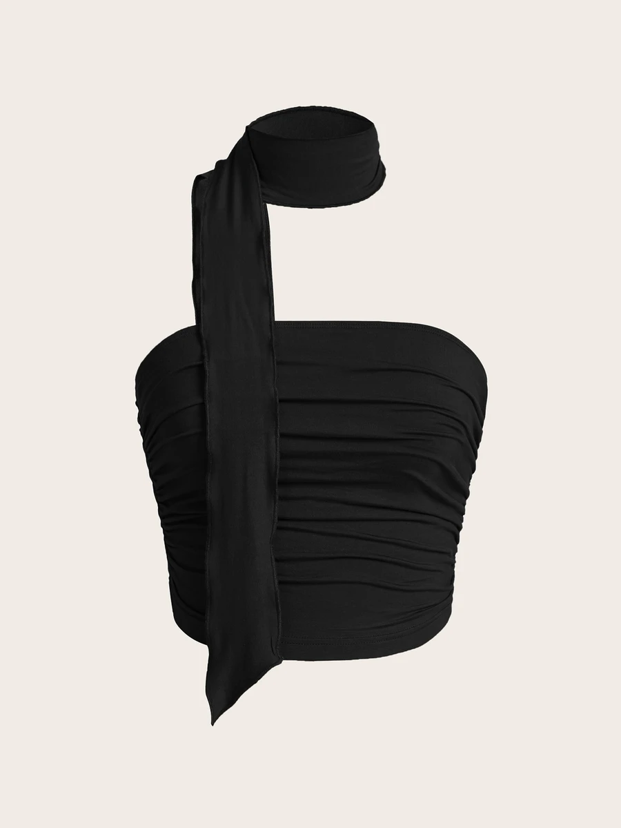 SHEIN ICON Draped Ruched Side Crop Top - Black - View 1