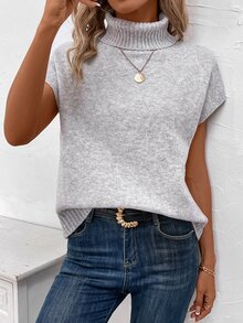 EMERY ROSE Turtleneck Batwing Sleeve Turtleneck Batwing Sleeve Sweater Vest - Light Grey - View 4